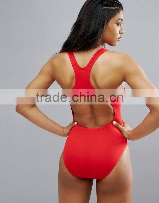 2017 Hot Sale Women Red Sportwear Swimsuit Printing Brands Logo Medalist One Piece Bodysuit Swimwear With Hole Back