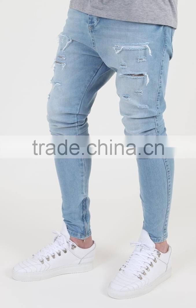 New fashion mens blue drop baggy pants distressed crotch jeans trousers
