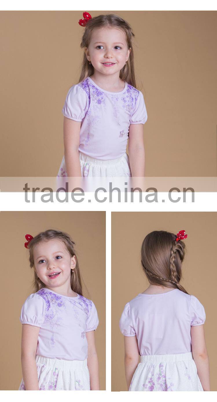 Summer Girls Cotton T Shirt Lavender Color With Embroidery Flowers