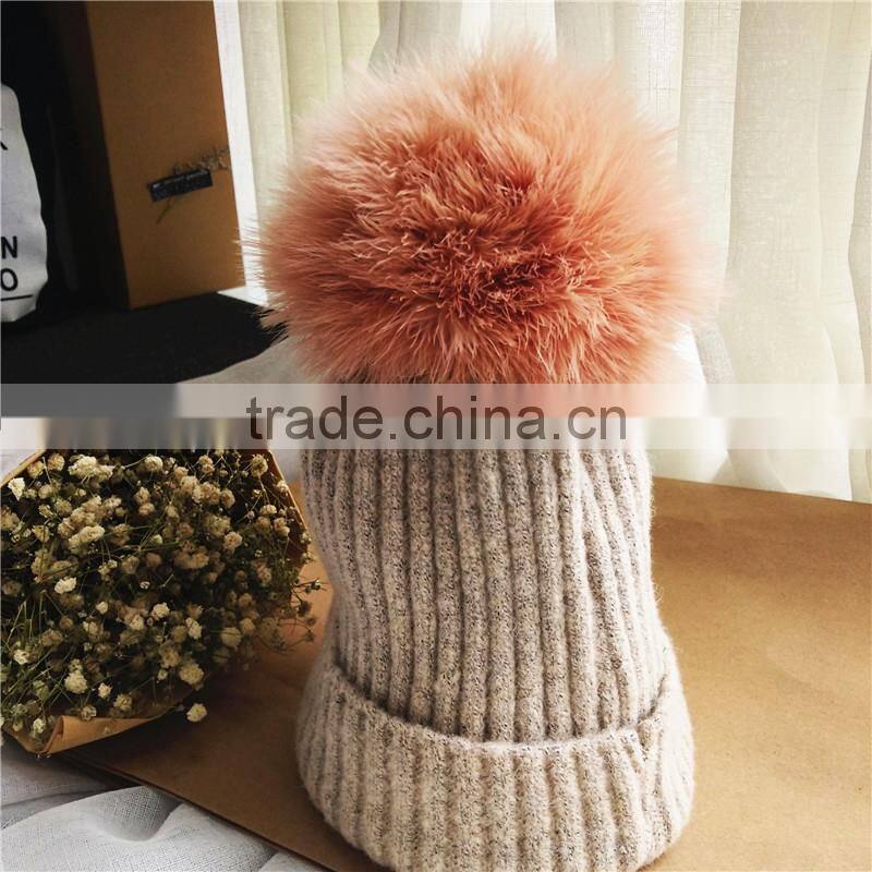 Real Fur Pompom Winter Hats For Women Cashmere Wool Knit Beanie Cap turkey Fur Pom Bobble Hat 2016