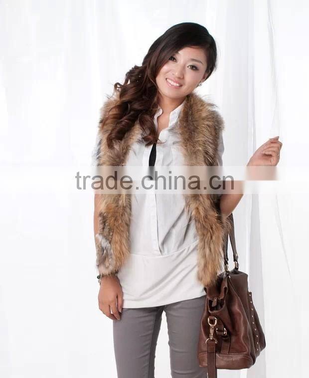 Brown rabbit fur knitted vest dyed color raccoon fur vest for women spring fall winter