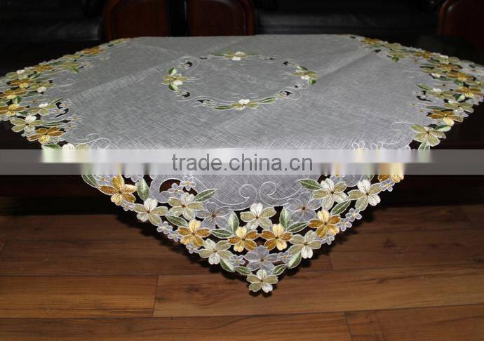 100% polyester Handmade embroidered floral tablecloth with cutwork