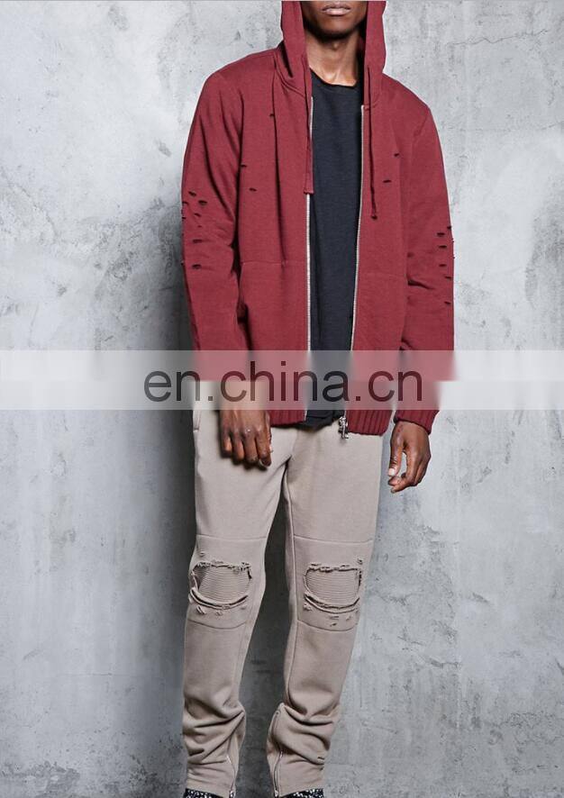 2017 OEM Factory Cotton Polyester High-Polish Zip-Front Distressed Men French Terry Hoodie
