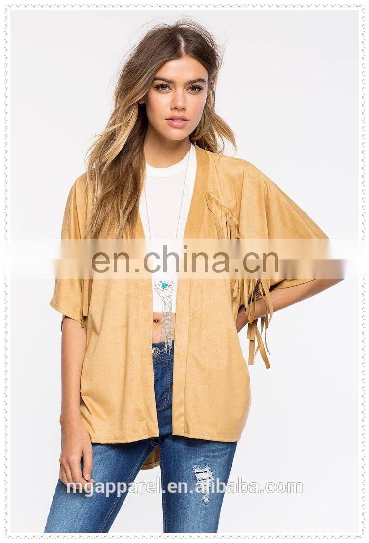 OEM high quality oversized half sleeves fringe faux suede jacket