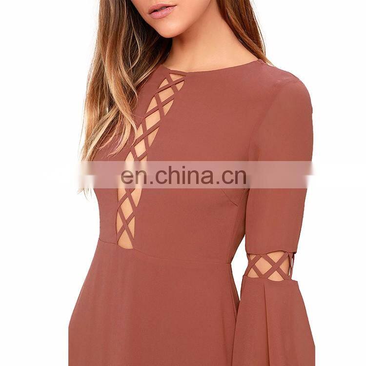 Fashion Smart Women Fashion Hollow Out Casual Long Dress Ladies Long Sleeve Maxi Dress