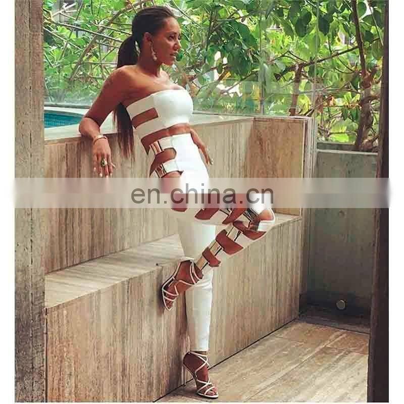 Amigo 2017 new design two piece sexy party wear long bandage pants suit with dew chest metal crop top and cut out pants