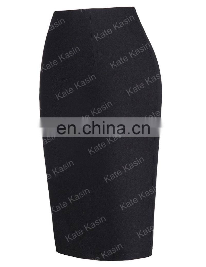 Kate Kasin Occident Women's Black High Stretchy Hips-Wrapped Split Short Pencil Skirt 20" KK000273-1