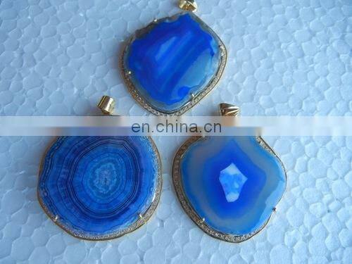 2015 wholesale gemstone pandent/Agate Slice Pave Set Pendant/Silver CZ pave pandent