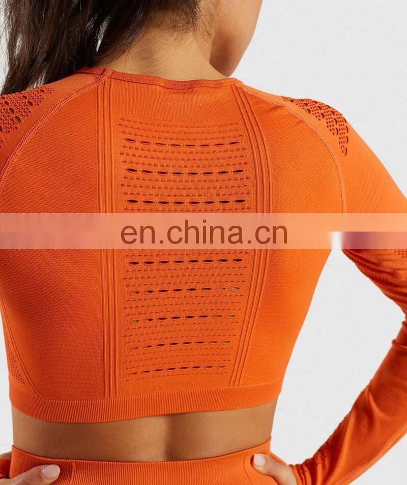 Long Sleeve Running Shirts & Full Length Gym Fitness Tights set womens seamless Crop Top Gym yoga set