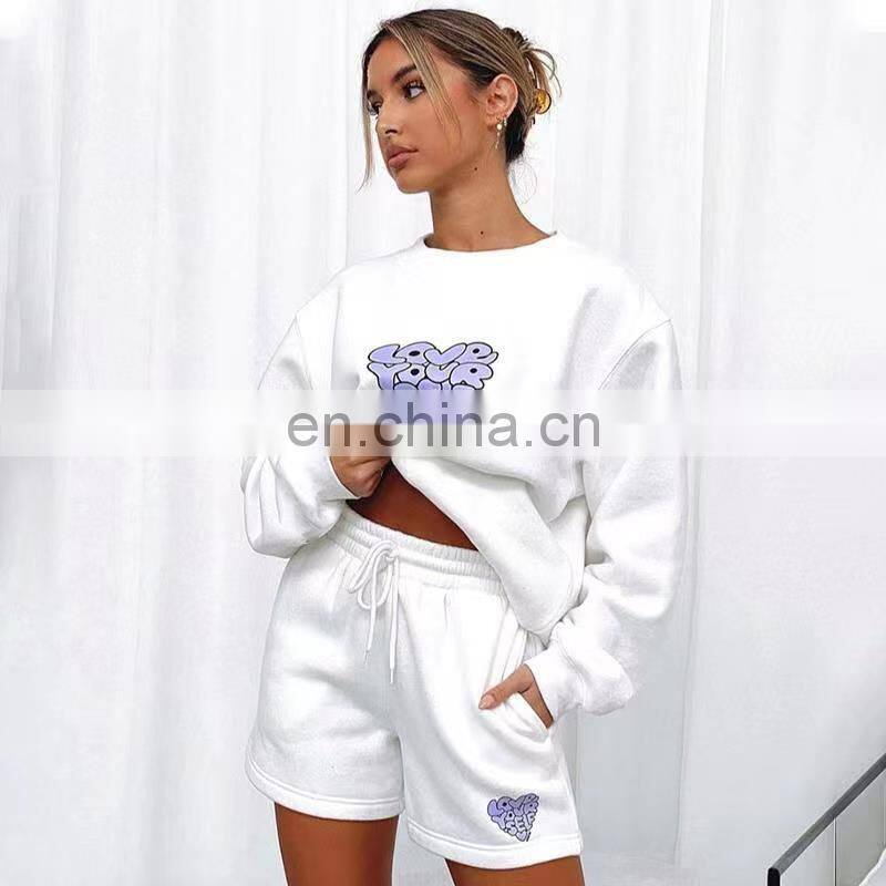 Custom logo autumn and winter casual round neck women's clothing printed letters peach heart shorts long-sleeved sweater suit