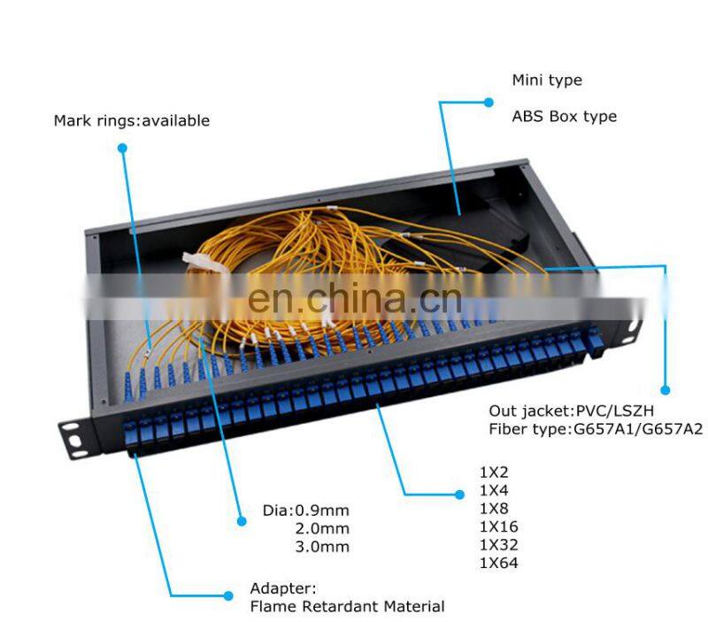 FTTH Fiber Optic Cable fixed type rack mounted type 1x16 PLC Splitter Fiber Optic internet splitter