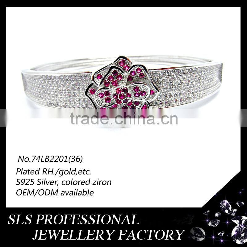 2015 May latest flower style wholesalers jewelry 925 sterling silver white gold plating bracelet connected ring -SLS