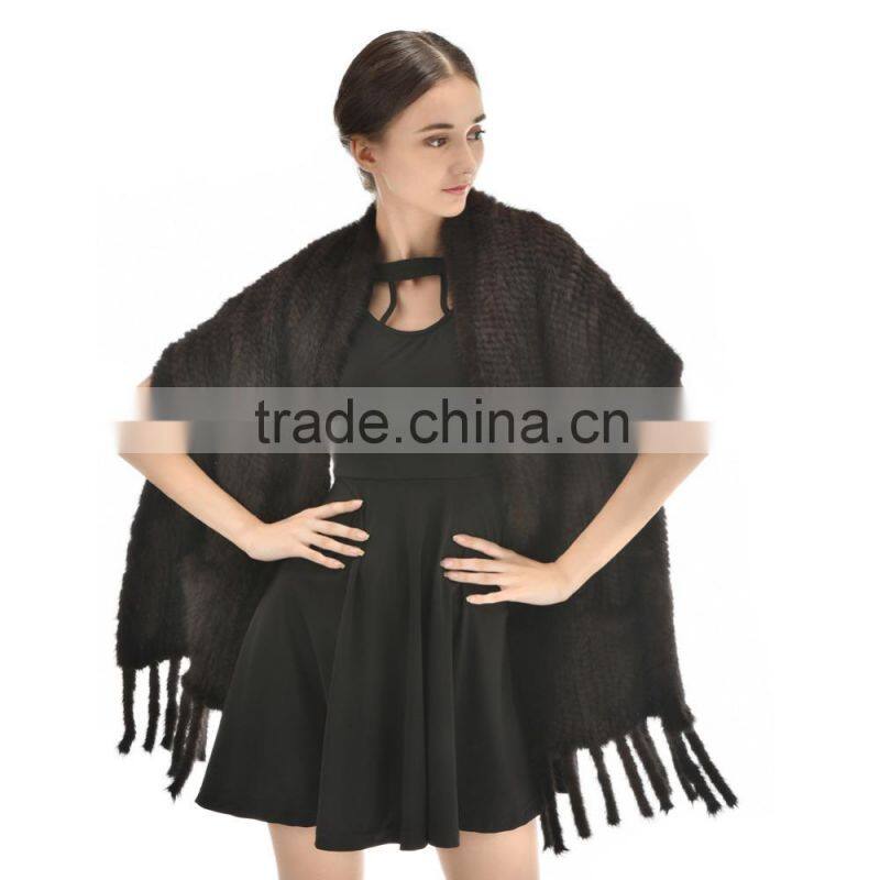 Hot Selling Style 2015 Fashionable Knitted Real Mink Fur Shawl with pockets