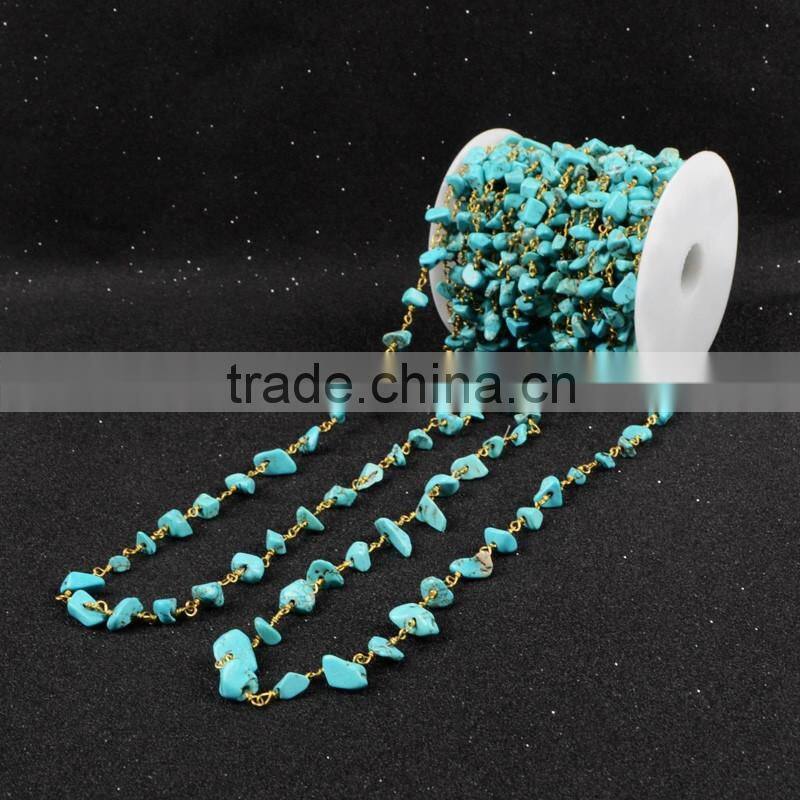Blue Turquoise Rosary Beads Chain Wire Wrapped Handmade Chain