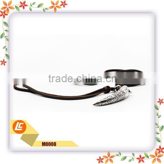 Chocolate Color Mens Leather Necklace Jewelry with Steel Horn Style Pendant