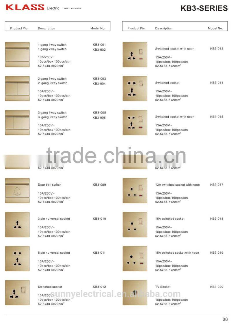 British style brushed aluminum golden 15A switched socket