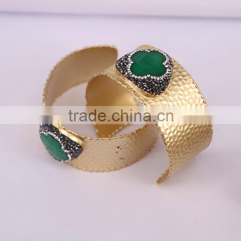 Fashion Metal Brass Gold Electroplated Bangles, Malaysian Jade Gem stone Bangles, with Pave Crystal Druzy Bangle