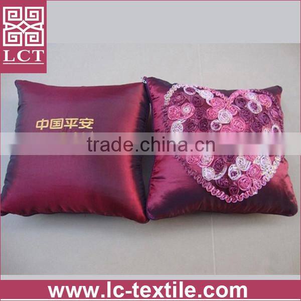 supply high quality grade satin fabric burgundy color flower decorative pillow with custom embroidery on back(LCTP0132)