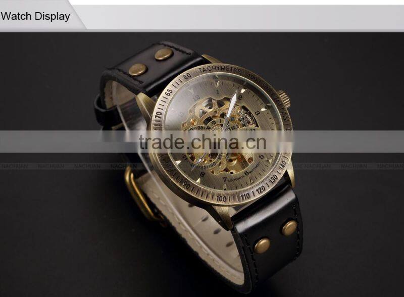 Vintage Bronze Steampunk Skeleton Automatic Mechanical Analog Men Watch