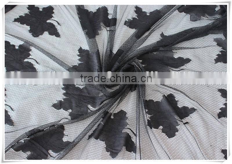 Black net Polyester dress making lace fabric with 3D maple leave design / Good price