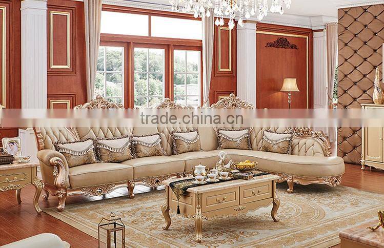 Champagne gold flower carving genuine leather sofa set