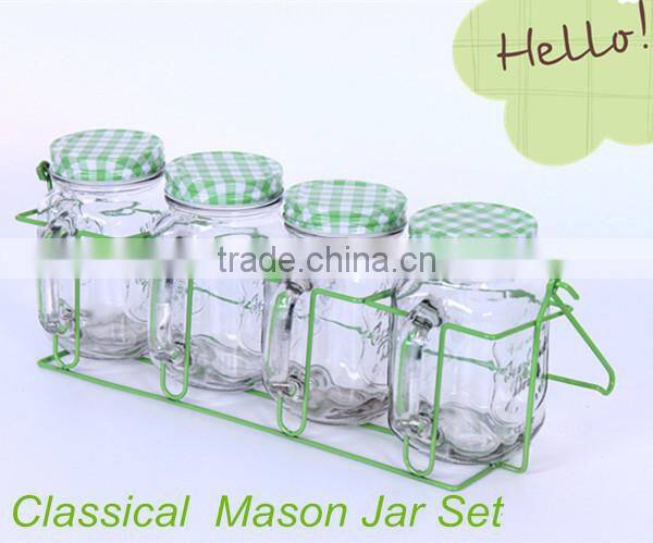 6pcs colorful glass mason jar set with straw with metal rack