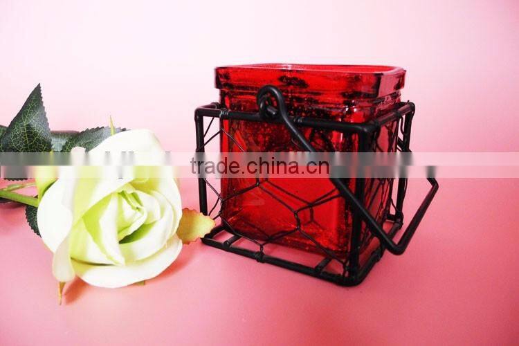 graceful red mercury square glass candle holder with black metal stand