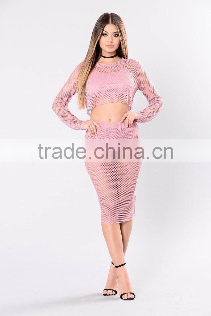 Custom Matching Clothes Long Sleeve Full Mesh Top And Pencil Skirts Suits pictures of long skirts and tops
