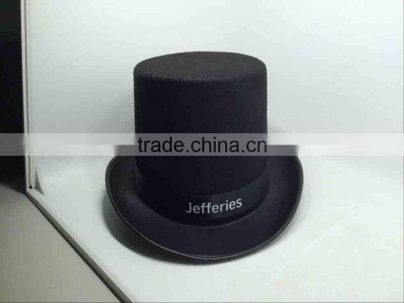 Fashion black round top hat with custom printing logo ribbon