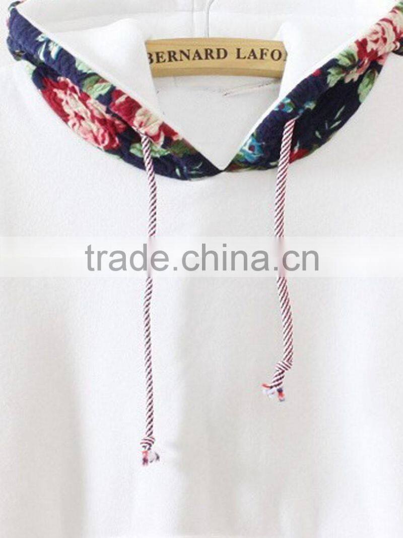 Women White Floral Long Sleeve Drawstring Hoodie