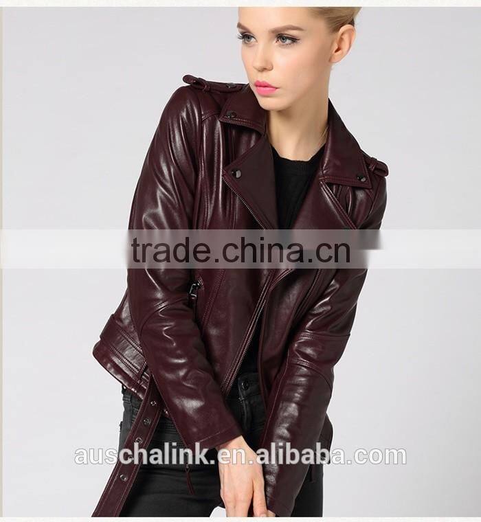 newest german style lady pure lambskin trendy red wine leather jacket
