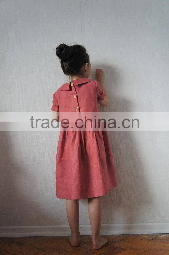 Pink Coral Wholesale Clothing Linen Dress Peter Pan Collar Child Clothes
