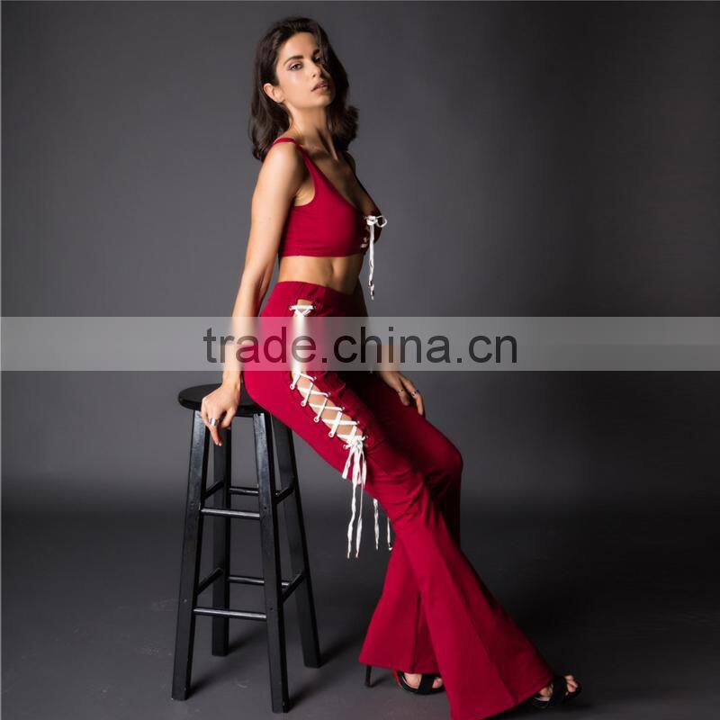 Runwaylover 100 New Fashion 2017 Ladies Suits , Women Sexy Crop Tops And Hollow Out Flared Pants
