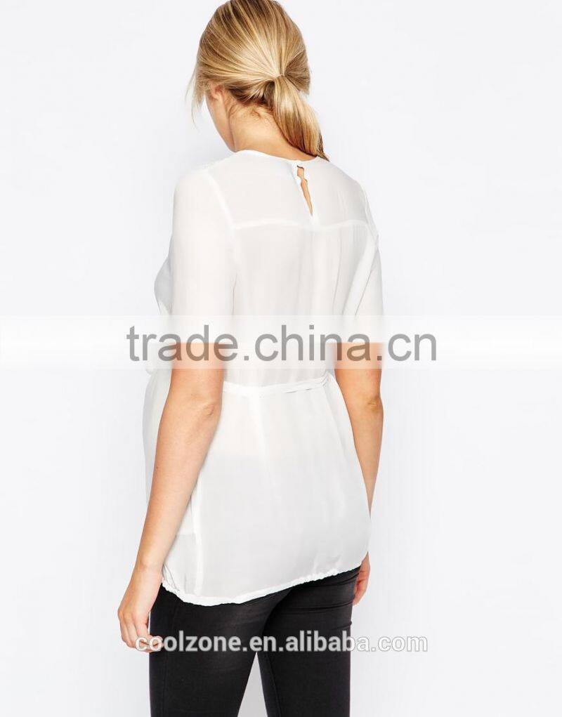 Elegant semi-sheer pleated lace detail maternity wear wholesale tank top