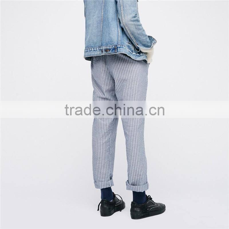 Ladies Navy Blue Jogger Pants Cotton-linen Wide Striped Trousers