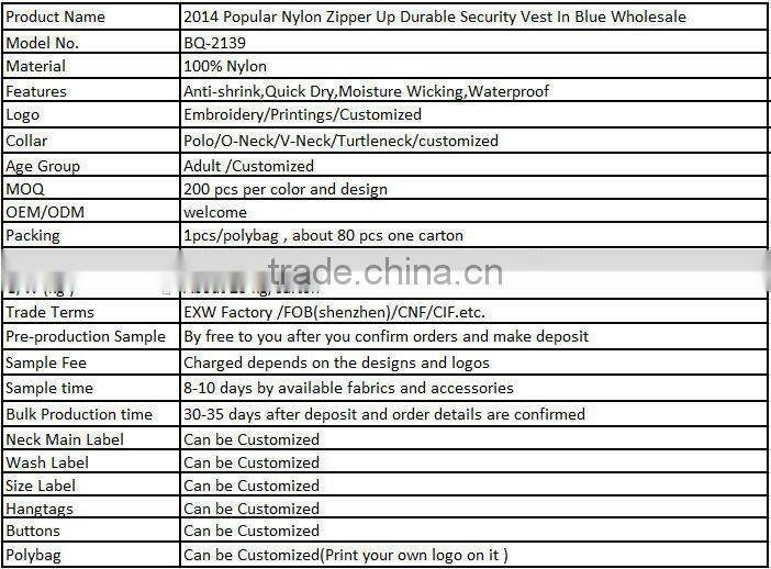 2014 Popular Nylon Zipper Up Durable Security Vest In Blue Wholesale