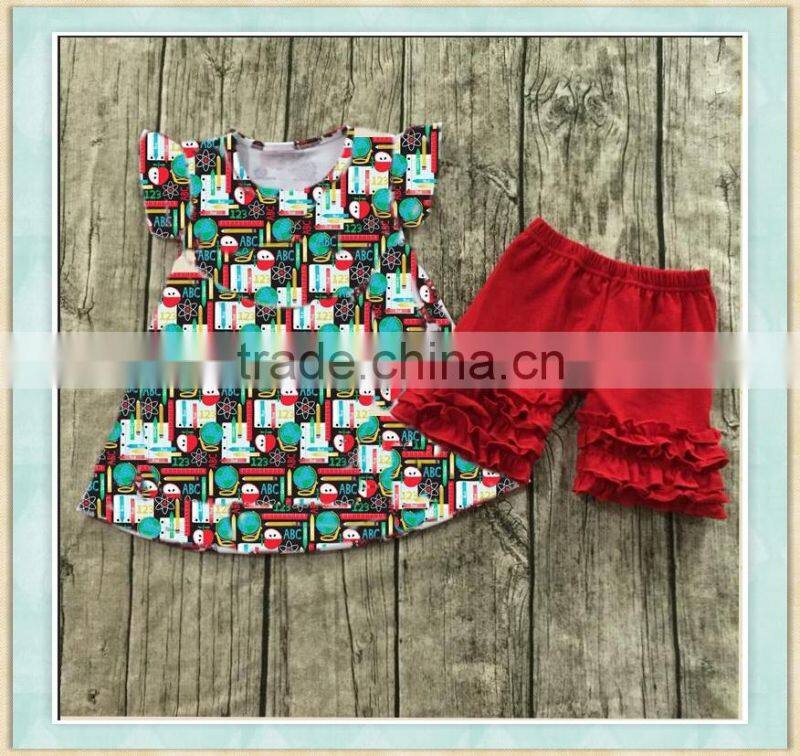 girls fashion clothing wholesale back to school cute fiutter sleeves duck print shirt match red ruffle shorts