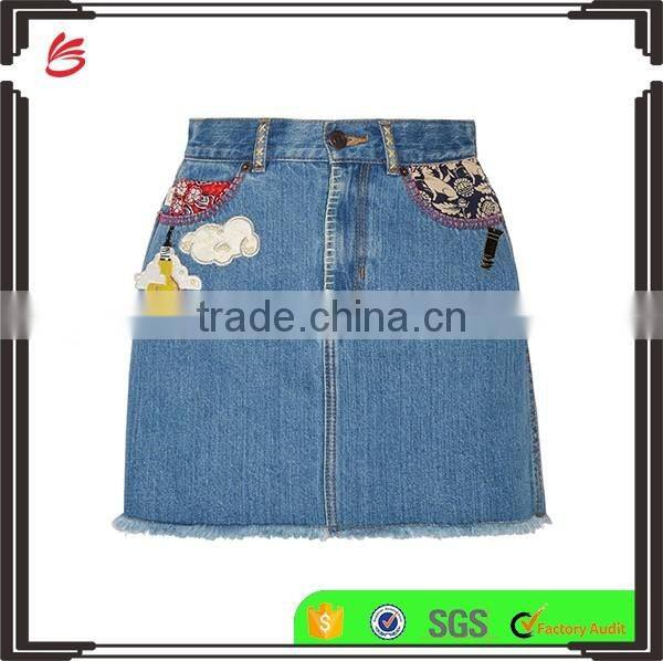 2017 fashion custom high waisted girls sexy Floral Embroidered denim mini skirt Casual Fit Latest women jeans skirt