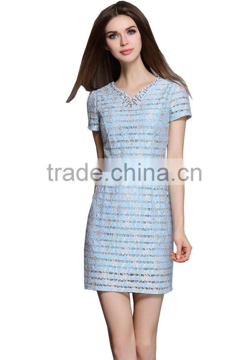 Ladies light blue diamante lace hollowed-out sexy V-neck tight dress