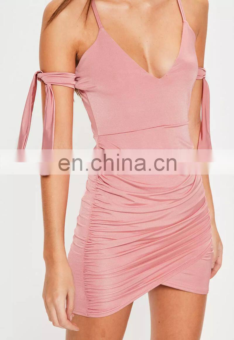 Sexy Pink Tie Sleeve Ruched Hem Bodycon Dress with Plunge Neckline