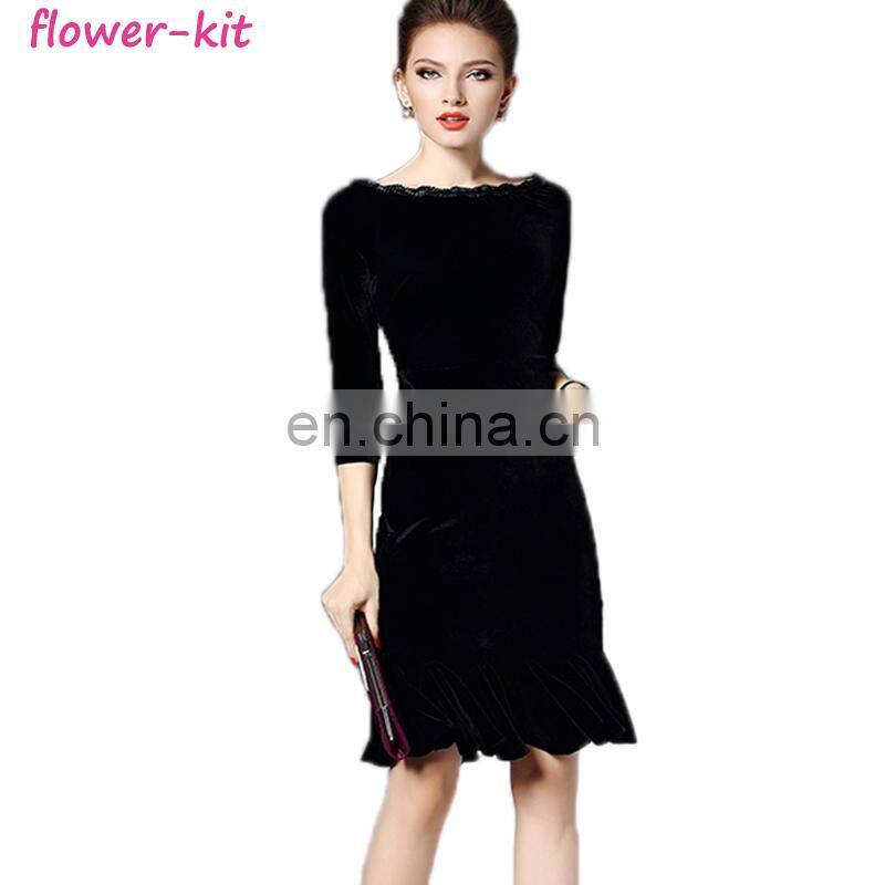 Black 3/4 Sleeve Velvet Flounce Bateau boat Neck Midi Dress