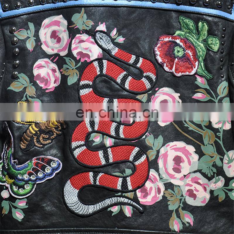 New Arrival Embroidery Leather Jacket for Women Real Motorcycle Leather Jacket