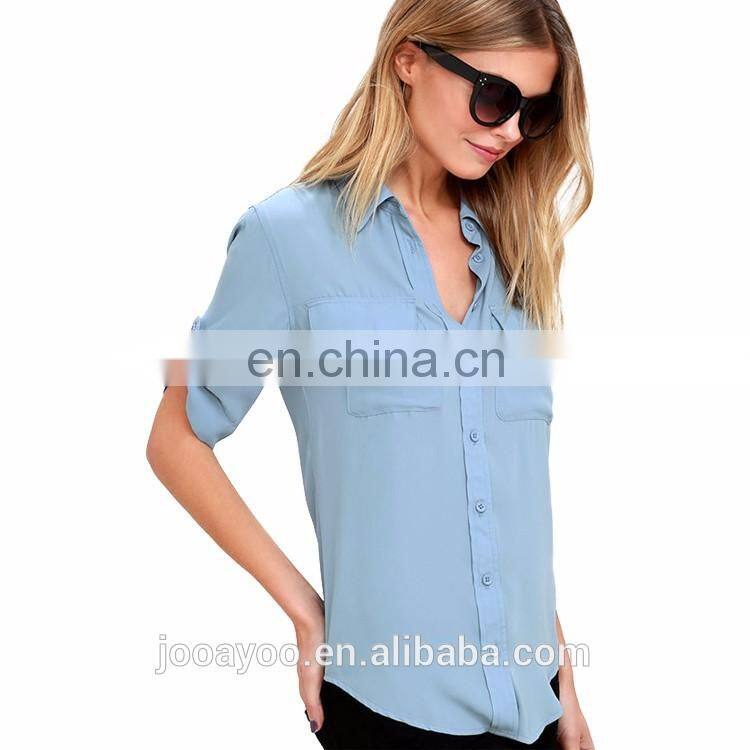 2017 New Summer Ladies Button Up Half Sleeve Cotton Blouse Women Latest Fashion Blouse Design