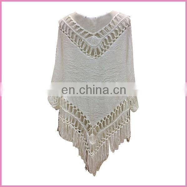 Guangzhou 2015 casual gypsy style hollow poncho blouse and shirt with long tassel