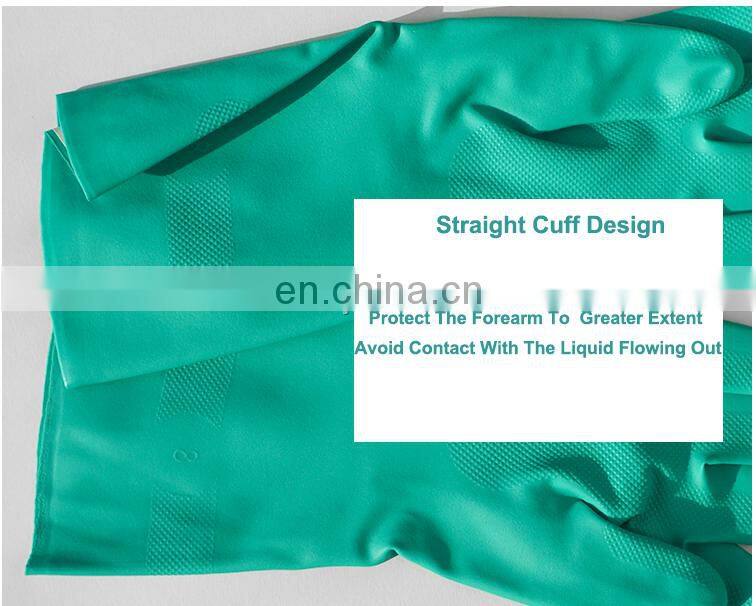 15 mil Custom Printed Heavy Long Cuff Green Flock Lined Nitrile Gloves Chemical Industrial Acid Alkali Resistant Gloves