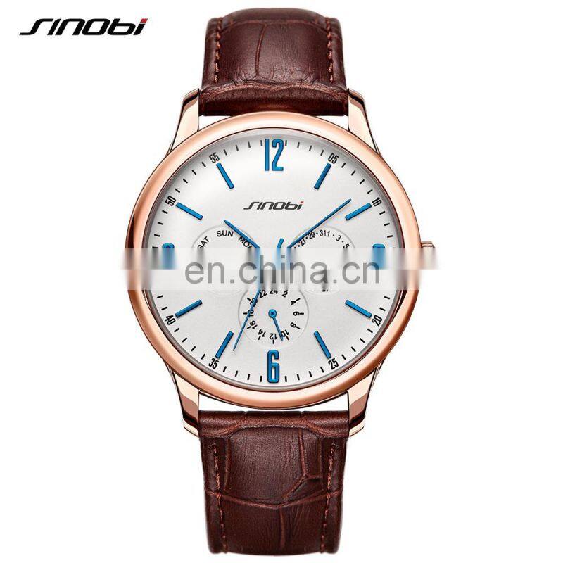 SINOBI Classic Coffee Color Men Wrist Watches S9546G Business Casual Suit Handwatch Second Dial Male Watch