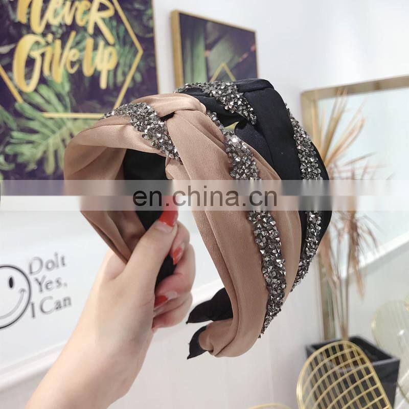 New Fashion Rhinestone Hairband Women Solid Wide Side Headband Middle Knot Turban Girls Autumn Winter Hair Accessories Headwear