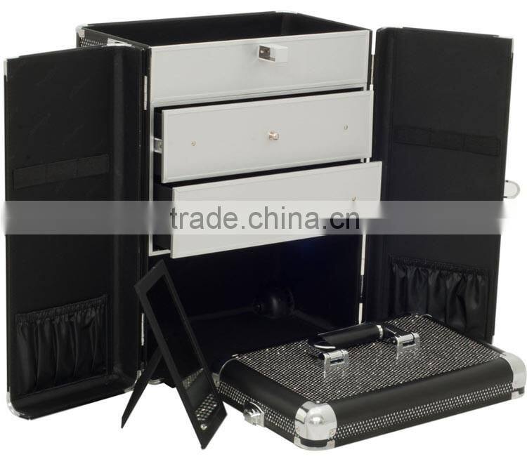 Professional 4-in-1 Rolling Makeup Artist Cosmetic Train Case Organizer Storage case,black crystal Beauty makeup trolley case