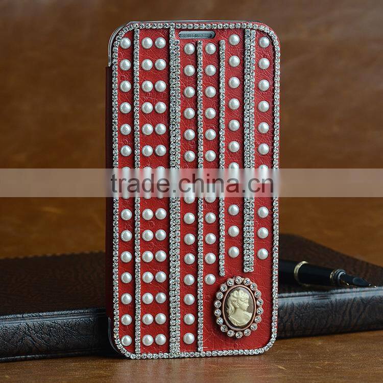 Crystal Cellphone accessories leather wallet flip cover for samsung s6