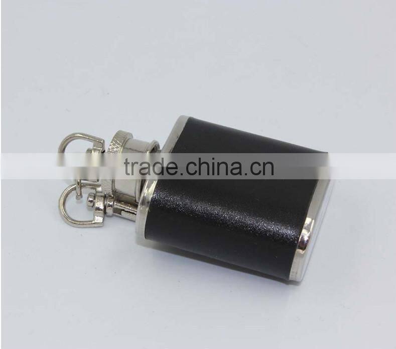 1oz Mini Stainless Steel Hip Flask Flagon with Keychain with leather sleeve